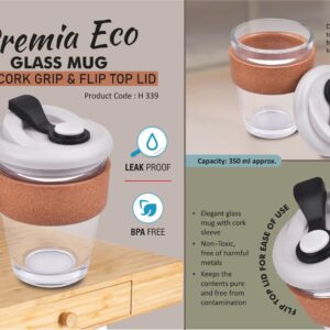 H339 – Premia Eco: Glass mug with Cork grip & Flip Top lid | Capacity: 350 ml