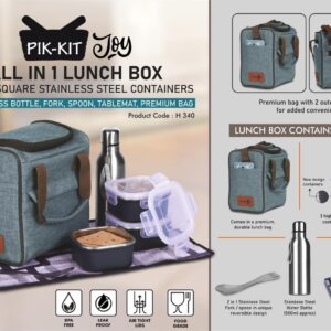 H340 – PIK-KIT Joy: All in 1 Lunch box with 3 Square Stainless Steel containers with striped design | Contains SS bottle, Fork, Spoon, Tablemat, Premium Bag | Bag has 2 outer pockets