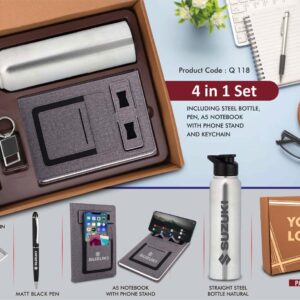 Q118 – 4 in 1 Gray set: Metal Keychain, SS natural bottle, Metal Pen and 4 in 1 notebook in Kraft Gift Box