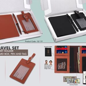 Q119 – 3 pc Travel set: Mini Passport holder with Sim card box, Luggage tag & Metal Pen in Gift box