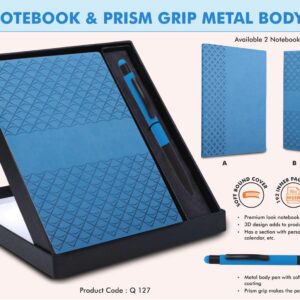 Q127 – Blue Notebook Gift set: A5 PU Notebook With Prism Metal Pen