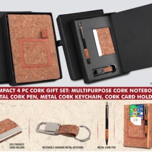 Q133 – Compact 4 pc Eco gift set: Multipurpose Cork Notebook, Metal Cork pen, Metal Cork Keychain, Cork Card holder