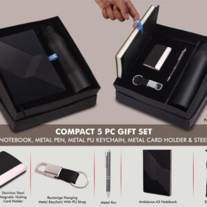 Q151 – Compact 5 Pc Black Gift Set: A5 Size Notebook, Metal Pen, Metal Pu Keychain, Metal Card Holder & Straight Steel Bottle