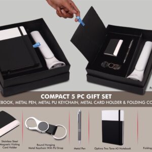Q152 – Compact 5 Pc Gift Set: A5 Size Notebook, Metal Pen, Metal Pu Keychain, Metal Card Holder & Folding COB Desk Lamp
