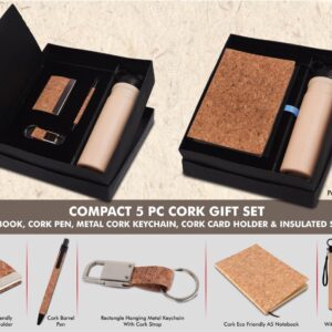 Q153 – Compact 5 Pc Cork Gift Set: Cork Notebook, Cork Pen, Metal Cork Keychain, Cork Card Holder & Insulated Steel Bottle