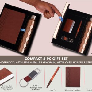 Q154 – Compact 5 Pc Tan Gift Set: A5 Size Notebook, Metal Pen, Metal Pu Keychain, Metal Card Holder & Prism Steel Bottle