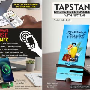 E424 – TapStand : Customized MDF 2 part Mobile stand with NFC Tag | Link to your Catalog, Website, Video, etc | Double angle adjustment