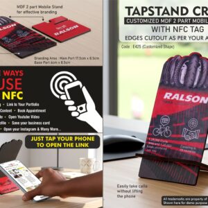 E425 – TapStand Craft : Customized MDF 2 part Mobile stand with NFC Tag | Link to your Catalog, Website, Video, etc | Edges cutout as per your artwork