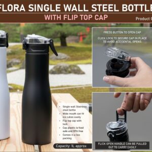 H282a – Flora Steel single wall bottle Colored with Flip top Cap | Capacity 1L approx