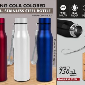 H307 – Long Cola 750 Colored: Stainless steel single wall bottle | With Colored Cap and Carry strap | Capacity 750ml approx