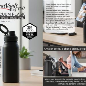 H393 – HeatVault Mag 700: Vacuum flask with Magnet phone stand | 304 steel inside & outside | 18 hours hot/cold | Capacity 700ml approx