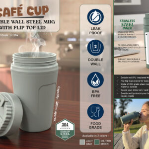 H394 – Cafe Cup: Double wall Steel mug with flip top lid | Capacity 400ml approx