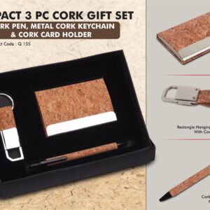 Q155 – Compact 3 Pc Cork Gift Set: Cork Pen, Metal Cork Keychain & Cork Card Holder
