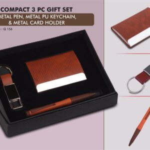 Q156 – Compact 3 Pc Tan Gift Set: Metal Pen, Metal PU Keychain, & Metal Card Holder