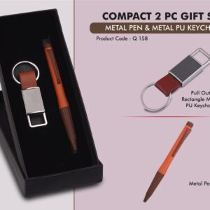 Q158 – Compact 2 Pc Tan Gift Set: Metal Pen & Metal PU Keychain