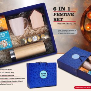Q172 – Festive Set of 6: Wooden LED Clock, Rice Husk Eco Mug, Bamboo Vacuum Flask 450ML, Ferrero Rocher Pack of 4, 2 Choco Cashew Cookies, 2 Peanut Butter Cookies