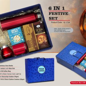 Q175a – Festive Set of 6: SS Bottle 1L, Decorative LED Blow Lamp, SS Coffee Mug, 2 Choco Cashew Cookies, LED Light Diya Set of 6, Sugarfree Choco Chip Oat Cookies