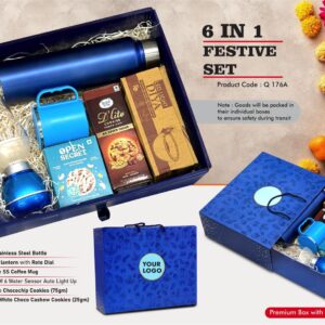 Q176a – Festive Set of 6: SS Bottle 1L, Decorative LED Blow Lamp, SS Coffee Mug, 2 Choco Cashew Cookies, LED Light Diya Set of 6, Sugarfree Choco Chip Oat Cookies
