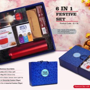 Q178 – Festive Set of 6: Glass Mug with Silicon Sleeve, Decorative LED Blow Lamp, SS Bottle 1L, LED Light Diya Set of 6, Sugarfree Choco Chip Oat Cookies, Assorted Cookies Pack