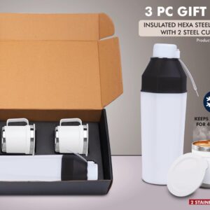 Q180 – 3 pc Gift Set : Insulated Square Steel bottle with 2 Steel cups | Keeps hot for 4-6 hours