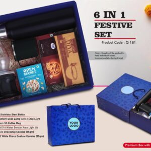 Q181 – Festive Set of 6: Decorative LED Lamp, SS Bottle 1L, SS Coffee Mug, LED Light Diya Set of 6, 2 Choco Cashew Cookies, Sugarfree Choco Chip Oat Cookies