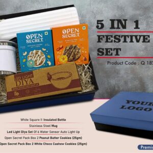 Q182 – Festive Set of 5: Square Insulated Bottle, SS Mug with Handle, LED Light Diya Set of 6, 2 Choco Cashew Cookies, 2 Peanut Butter Cookies