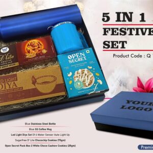 Q183 – Festive Set of 5: SS Bottle 1L, SS Coffee Mug, LED Light Diya Set of 6, Sugarfree Choco Chip Oat Cookies, 2 Choco Cashew Cookies