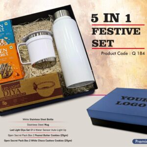 Q184 – Festive Set of 5: SS Bottle 750Ml, SS Mug with Handle, LED Light Diya Set of 6, 2 Choco Cashew Cookies, 2 Peanut Butter Cookies