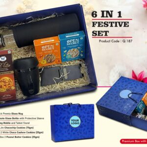 Q187 – Festive Set of 6: Glass Mug with Silicon Cover, Borosilicate Glass bottle with Sleeve, Folding Metal Mobile Stand, Sugarfree Choco Chip Oat Cookies, 2 Choco Cashew Cookies, 2 Peanut Butter Cookies
