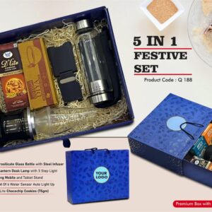 Q188 – Festive Set of 5: Borosilicate Infuser bottle with Sleeve, Decorative LED Lamp, Folding Metal Mobile Stand, LED Light Diya Set of 6, Sugarfree Choco Chip Oat Cookies