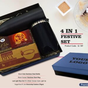 Q189 – Festive Set of 4: Cola SS Bottle 1L, Premium SS Mug, LED Light Diya Set of 6, Sugarfree Choco Chip Oat Cookies