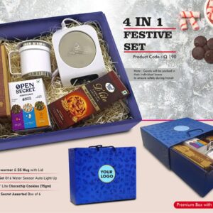 Q190 – Festive Set of 4: Coffee Warmer Induction Plate with SS Mug Set, LED Light Diya Set of 6, Sugarfree Choco Chip Oat Cookies, Assorted Cookies Pack