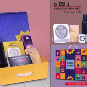 Q208 – Celebration Set of 5: Bolt SS Bottle 750Ml, Mini PC Speaker, Rechargeable 3 Speed Fan, Sugarfree D’Lite Cookies, Almonds Gift Pack in Magnetic Gift Box with Handle