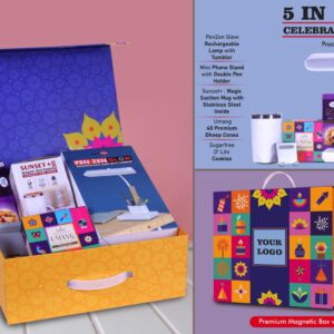 Q209 – Celebration Set of 5: Rechargeable Lamp with Tumbler, Premium SS Suction Mug, Mini Mobile Stand, Sugarfree D’Lite Cookies, Pooja Dhoop Cones in Magnetic Gift Box with Handle