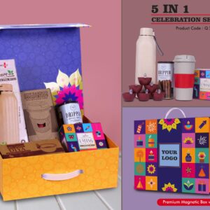 Q210 – Celebration Set of 5: Square Eco Insulated Bottle, Tall Bamboo Fiber Mug, LED Light Diya Set of 6, Pooja Dhoop Cones, Coffee Roll Sticks in Magnetic Gift Box with Handle