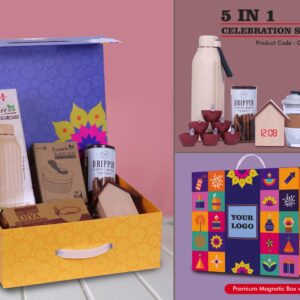 Q211 – Celebration Set of 5: Square Eco Insulated Bottle, Wooden LED Clock, Glass Mug with Cork Sleeve, LED Light Diya Set of 6, Coffee Roll Sticks in Magnetic Gift Box with Handle