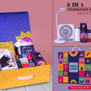 Q212 – Celebration Set of 5: Rechargeable Table Lamp, Rechargeable 3 Speed Fan, Premium SS Suction Mug, Sugarfree D’Lite Cookies, Pooja Dhoop Cones in Magnetic Gift Box with Handle