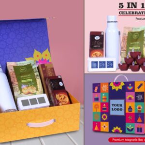 Q213 – Celebration Set of 5: Bolt SS Bottle 750Ml, Digital Clock with Backlight, LED Light Diya Set of 6, Sugarfree D’Lite Cookies, Garlic Bruschetta in Magnetic Gift Box with Handle
