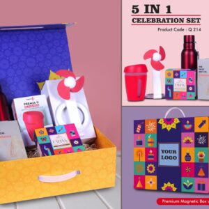 Q214 – Celebration Set of 5: Bolt SS Bottle 750Ml, Glass Mug with Silicon Cover, USB Table Fan, Cashew Gift Pack, Pooja Dhoop Cones in Magnetic Gift Box with Handle