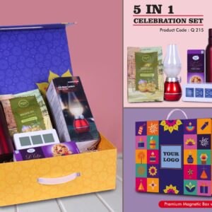 Q215 – Celebration Set of 5: Bolt SS Bottle 750Ml, Decorative LED Blow Lamp, Digital Clock with Backlight, Sugarfree D’Lite Cookies, Garlic Bruschetta in Magnetic Gift Box with Handle