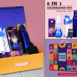Q217 – Celebration Set of 5: Bolt SS Bottle 750Ml, Decorative LED Blow Lamp, USB Table Fan, Folding Metal Mobile Stand, Sugarfree D’Lite Cookies in Magnetic Gift Box with Handle