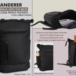 S51 – Wanderer: Tall backpack bag with Top belts | Quick access front pockets | Cool urban design