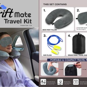 S64 – DriftMate Travel Kit: Combo of Memory foam Neck Rest Pillow, eye mask & ear plugs | With Drawstring Travel Bag