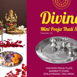 Z40 – Divine Mini Pooja Thali set | Contains Pooja Plate, Agarbatti stand, Diya, Prasad bowl | Contents attached with plate