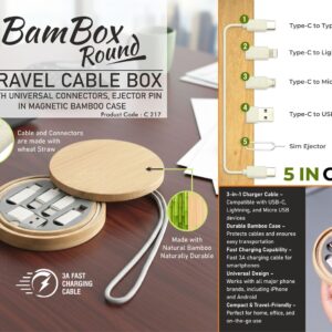 C217 – BamBox Round: Travel Cable box with universal connectors, ejector pin in Magnetic Bamboo Case