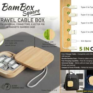 C218 – BamBox Square: Travel Cable box with universal connectors, ejector pin in Magnetic Bamboo Case