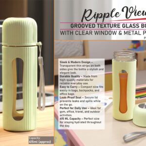 H369 – RippleView: Grooved Texture Glass Bottle with Clear Window & Metal Plate Cap | Capacity 415ml (approx)