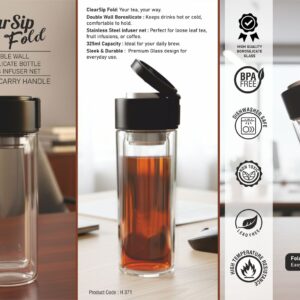 H371 – ClearSip Fold: Double wall Borosilicate bottle with SS infuser Net | Folding carry handle | Capacity 325ml (approx)