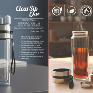 H372 – ClearSip Duo: Double wall Borosilicate Infuser bottle with SS infuser net | Separate Infuser Glass basket | Premium carry belt | Capacity 325ml (approx)