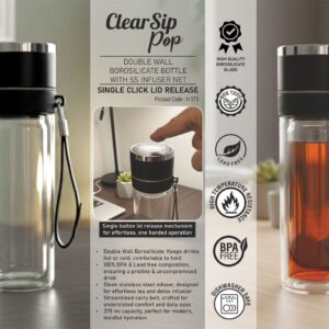 H373 – ClearSip Pop: Double wall Borosilicate bottle with SS infuser Net | Single button lid release | Premium carry belt | Capacity 375ml (approx)